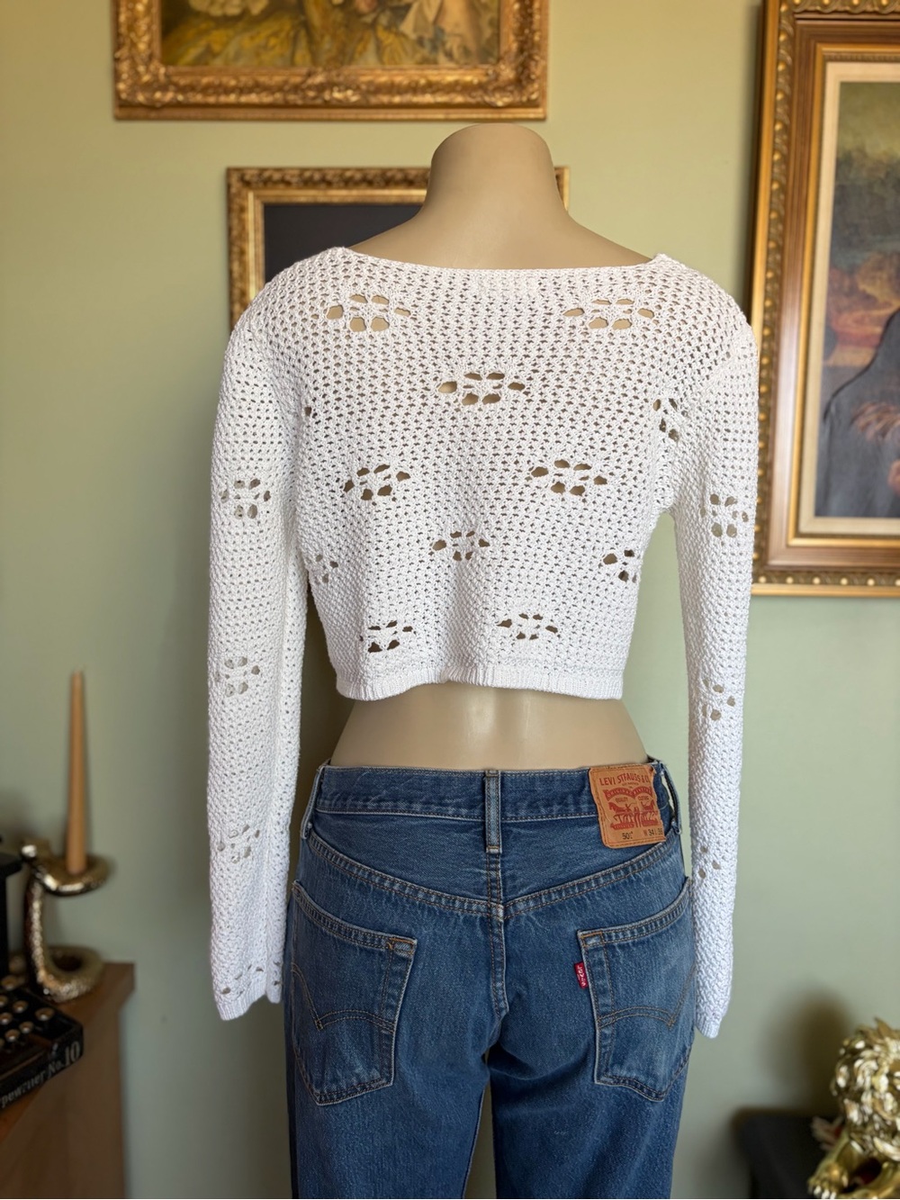 Open Crochet White Tie-Front Hippie Beachy Cardigan Boho Sweater Top Size M - Picture 7 of 16